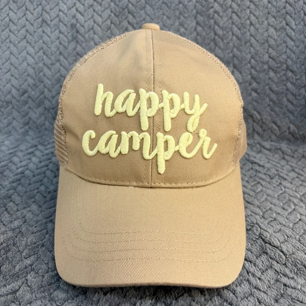 C.C Exclusives Happy Camper Tan Khaki Ponytail Mesh Back Trucker Hat Cap